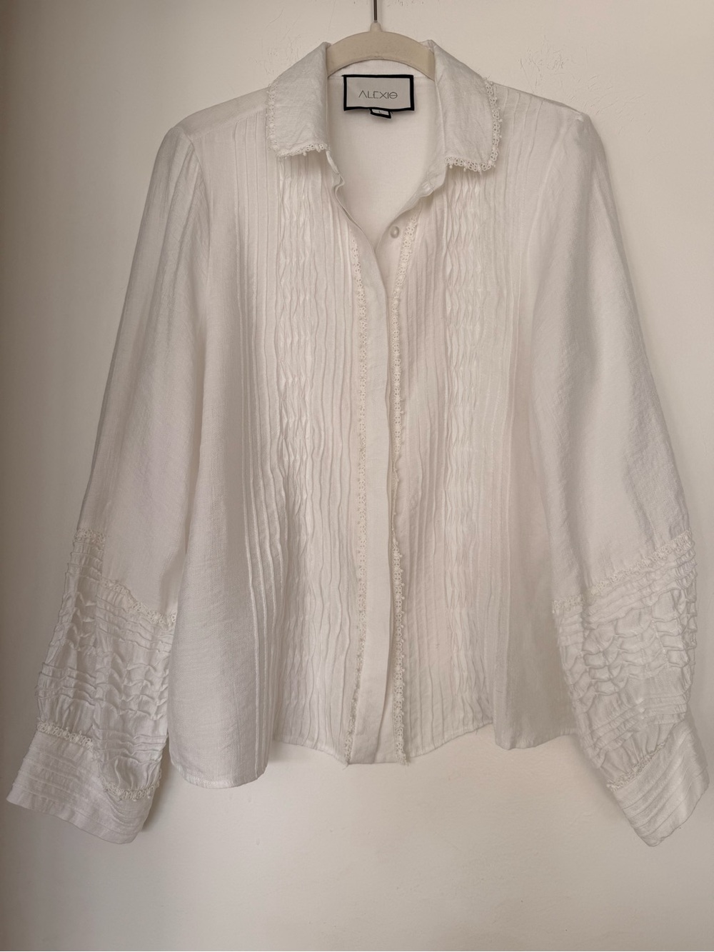 Alexis White Pintuck & Lace Button-Down Blouse